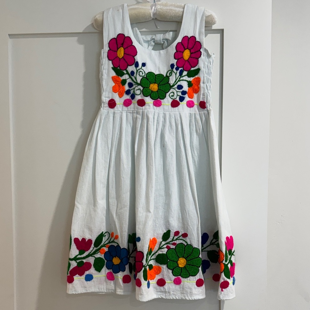 White Embroidered Floral Girls' Dress